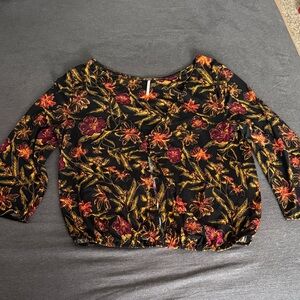 Free People Black Floral Blouse with Gold and Burgundy Accents